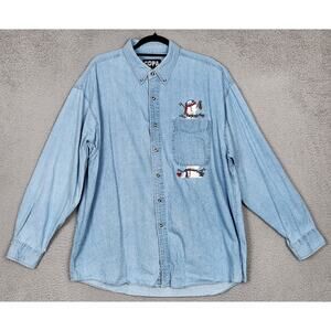 COPA BANANA Top Womens XL Blue Shirt Cottagecore Embroidered Snowman Winter